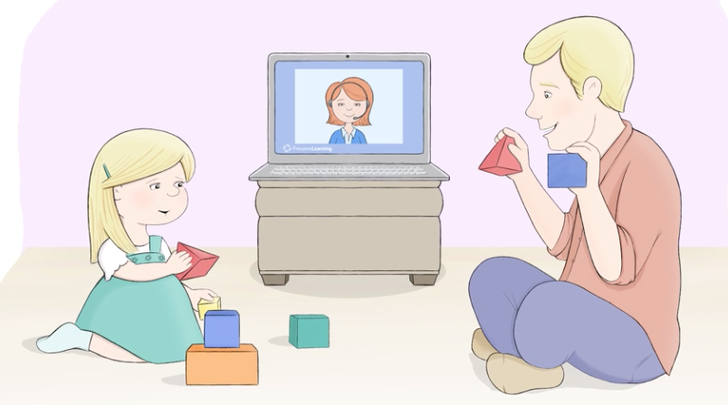 Child and parent engaging in online speech therapy session with blocks