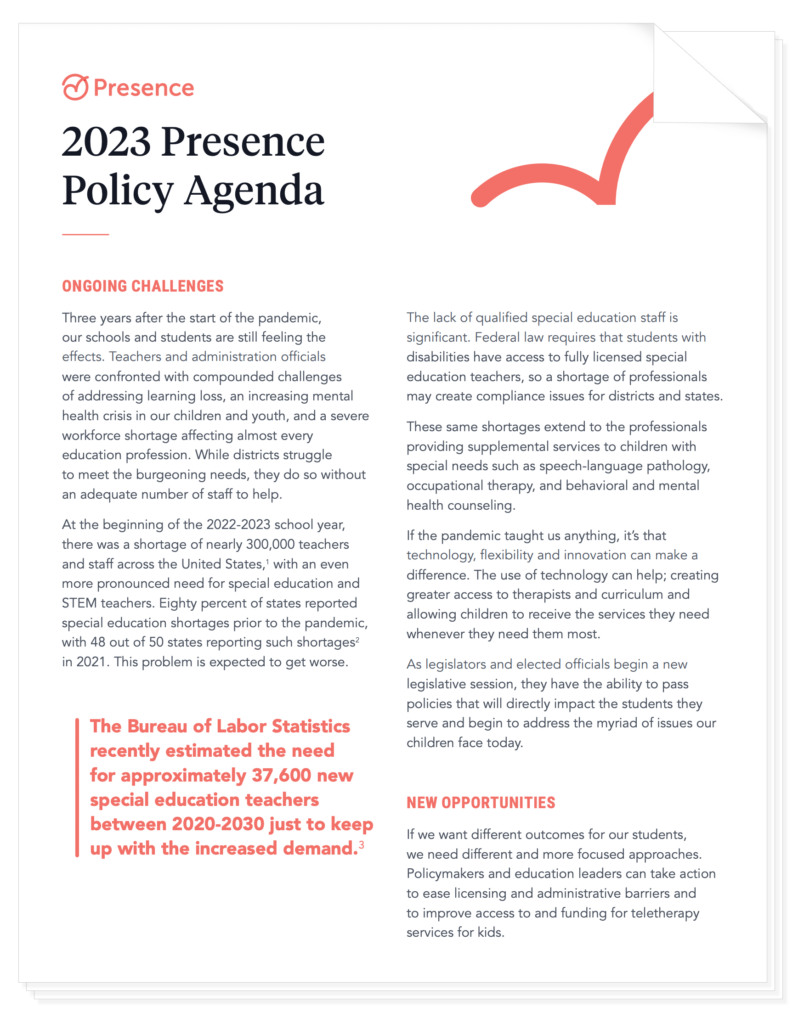 2023 Presence Policy Agenda document for online therapy services