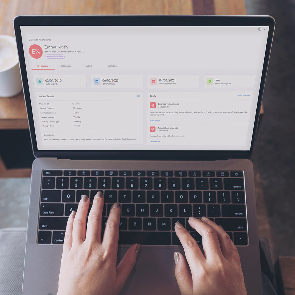 Kanga platform displaying student therapy goals, session tracking, and IEP service information
